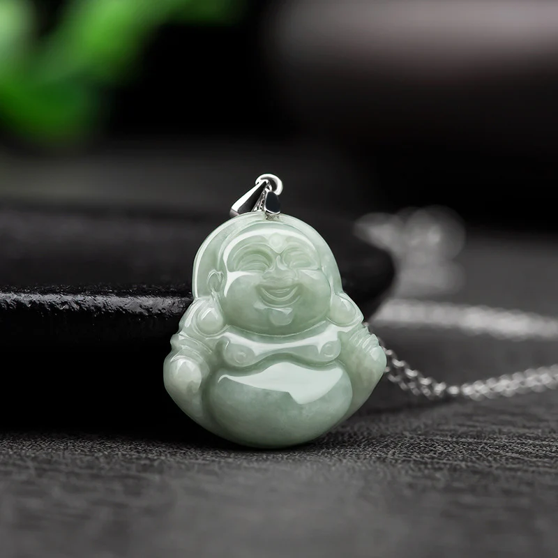 Renbeads 925 Sterling Silver Laughing Buddha Jade Blessing Necklace Chain Pendant