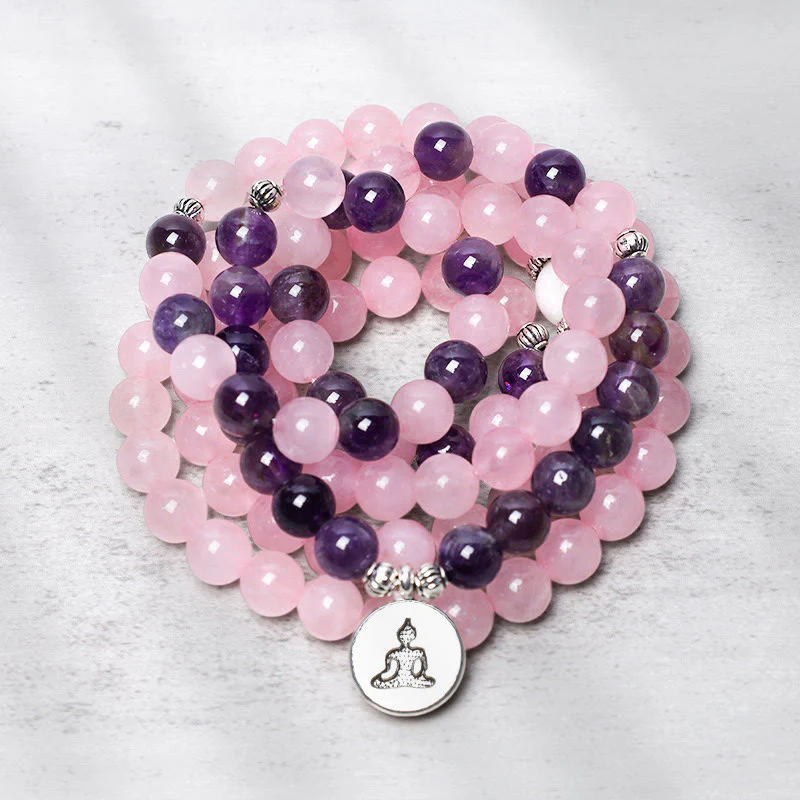 Renbeads Natural Rose Quartz & Amethyst Mala Bead Lotus Pendant Bracelet