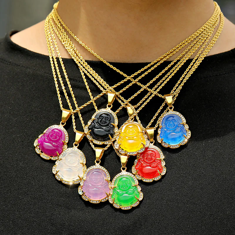 18K Gold Filled Laughing Buddha Jade Luck Necklace Pendant