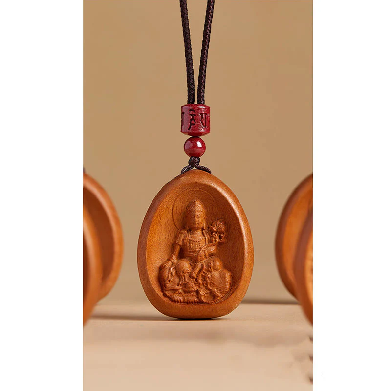 Peach Wood Cinnabar Om Mani Padme Hum Chinese Zodiac Black String Necklace Pendant