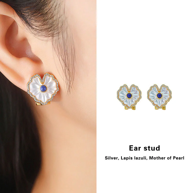 925 Sterling Silver Love Heart Tridacna Stone Red Agate Lazurite Jewelry Set