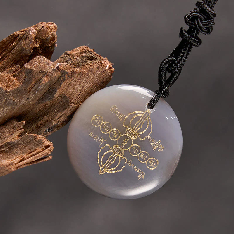 Vajra Dorje Sanskrit Pattern Natural Various Crystal Black Obsidian Fulfillment Necklace Pendant