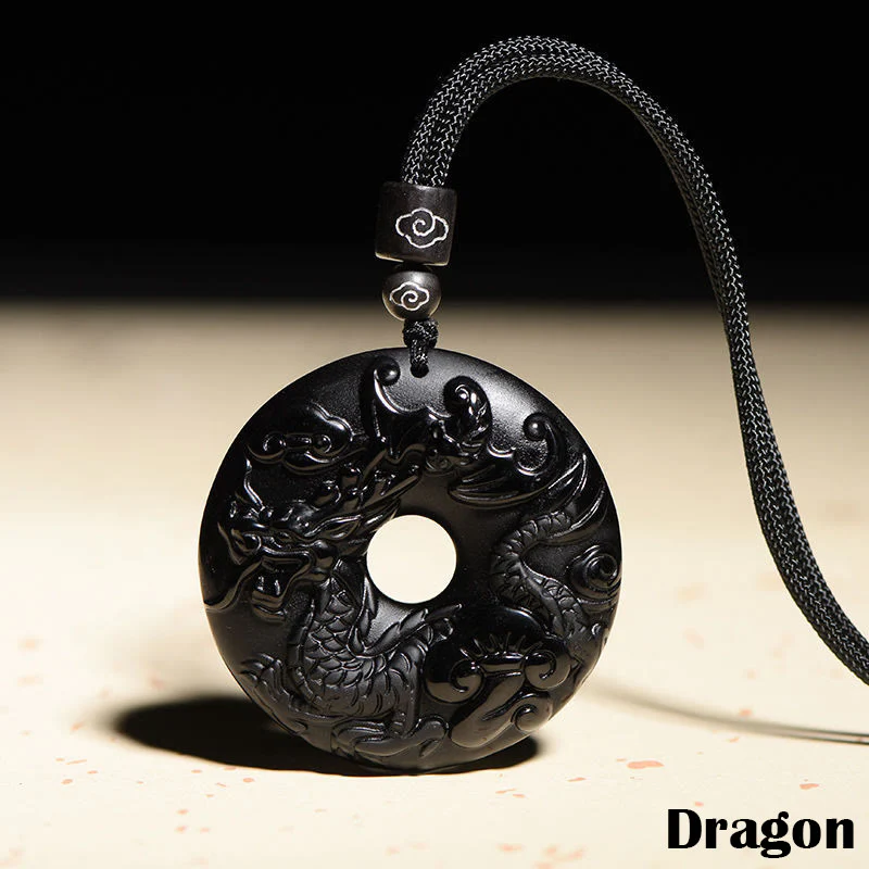 Chinese Zodiac Natural Black Obsidian Peace Buckle Strength Necklace Pendant