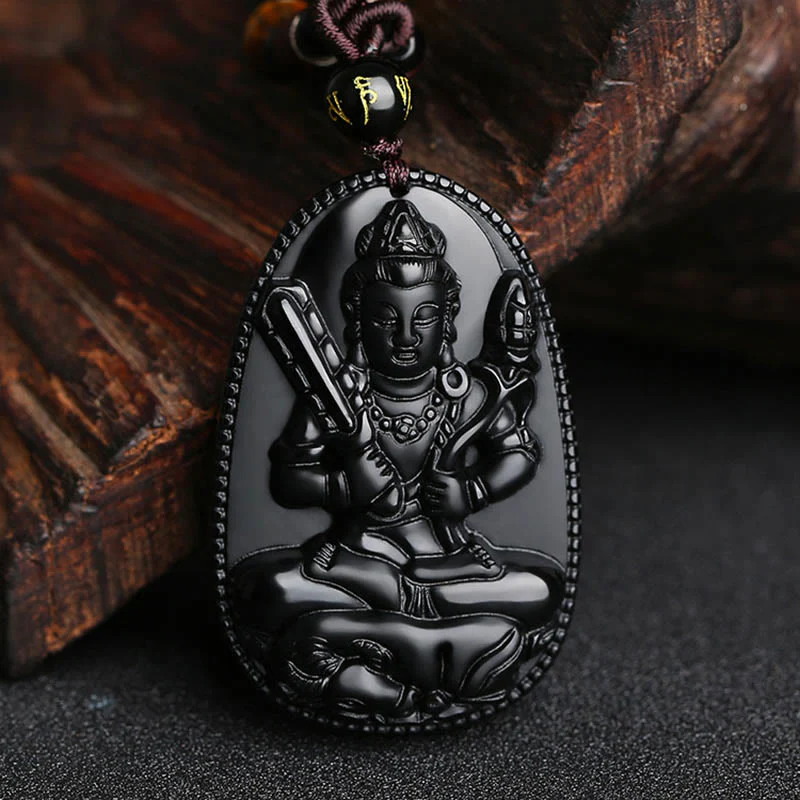 Chinese Zodiac Buddha Natural Black Obsidian Purification Necklace Pendant