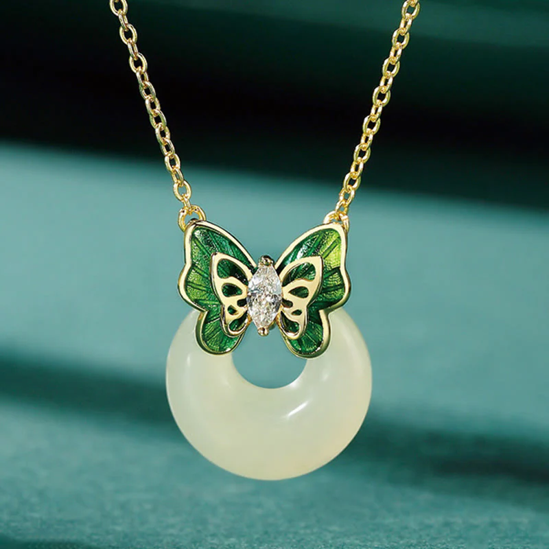 925 Sterling Silver Natural Jade Peace Buckle Butterfly Zircon Luck Bracelet Necklace Pendant