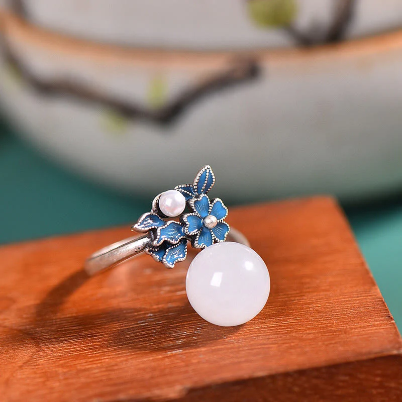 White Jade 925 Sterling Silver Pearl Flower Blessing Necklace Pendant Ring Earrings