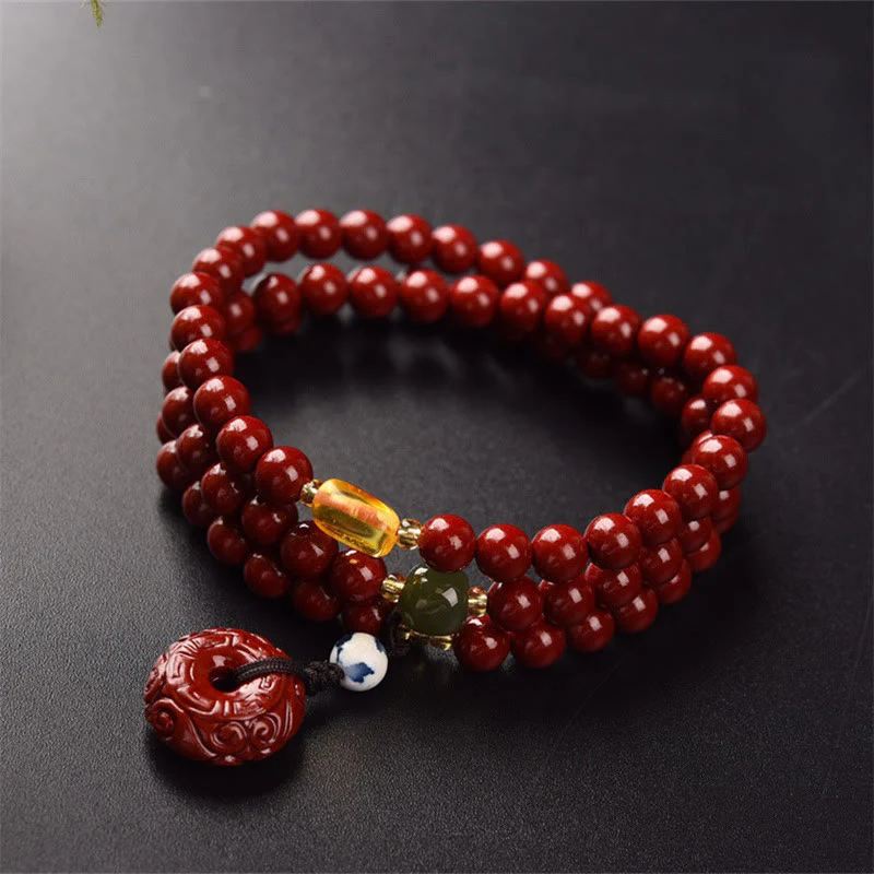 Renbeads Tibetan Cinnabar Peace Buckle Triple Wrap Blessing Bracelet Mala