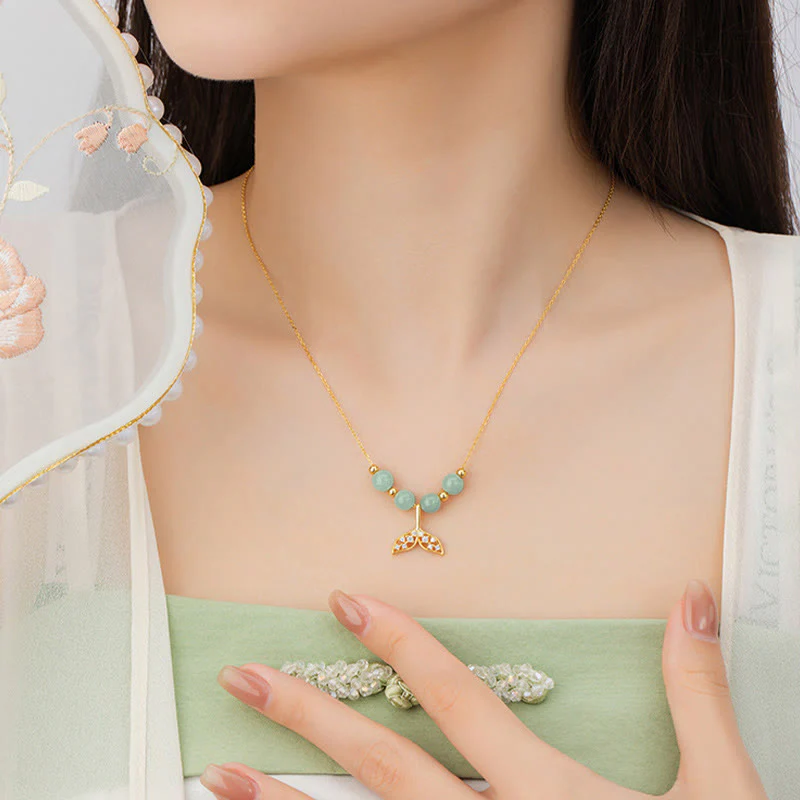 925 Sterling Silver Hetian Jade Bead Fishtail Luck Necklace Pendant