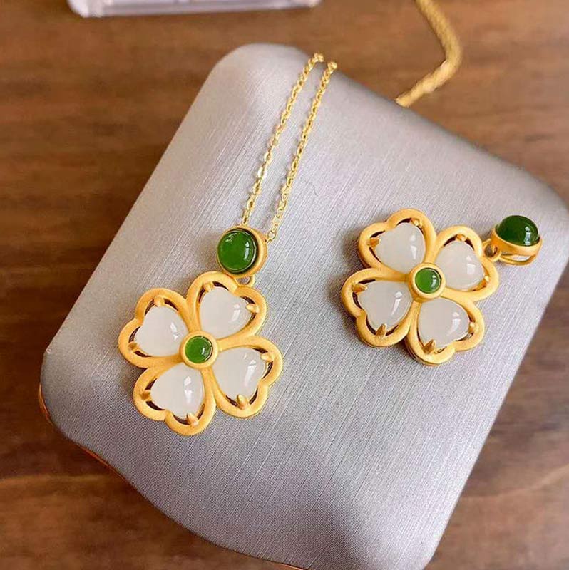 925 Sterling Silver Lucky Four Leaf Clover Jade Prosperity Necklace Pendant