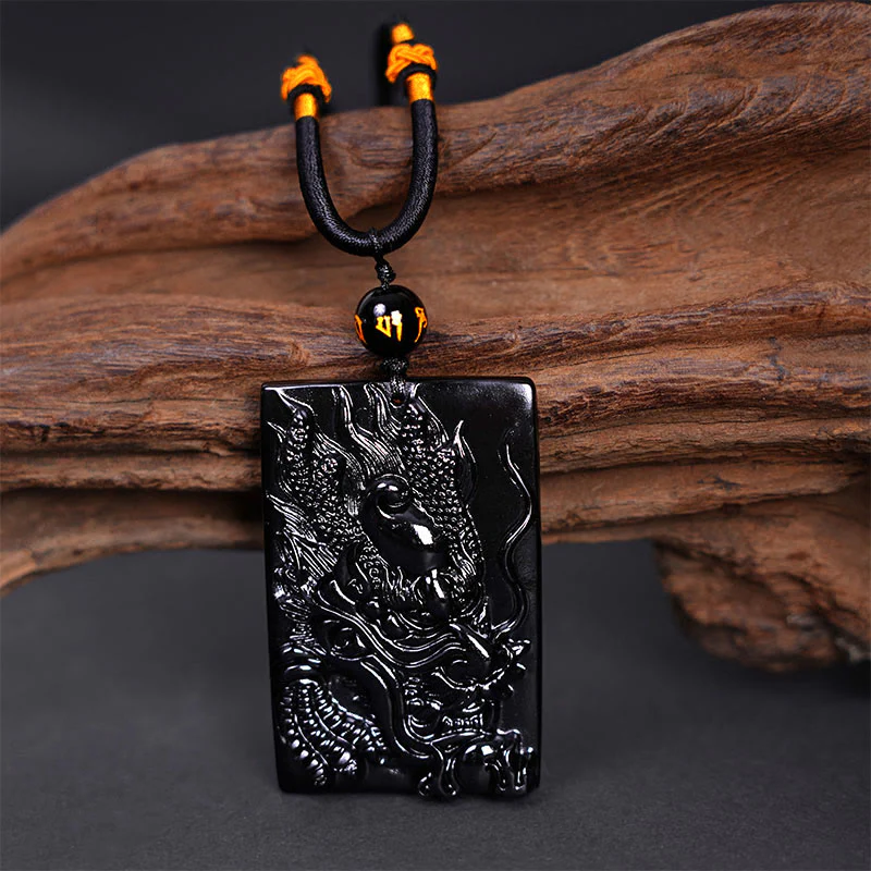 Natural Black Obsidian Rectangular Dragon Engraved Necklace Pendant