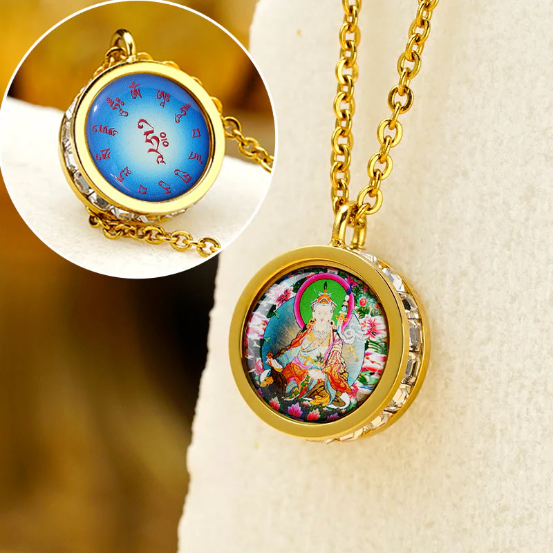 Tibetan Yellow God of Wealth Green Tara Buddha Serenity Titanium Steel Necklace Pendant