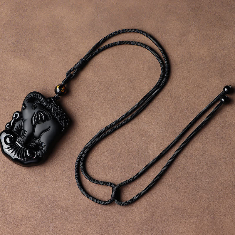 Black Obsidian Elephant Protection Necklace Pendant Keychain