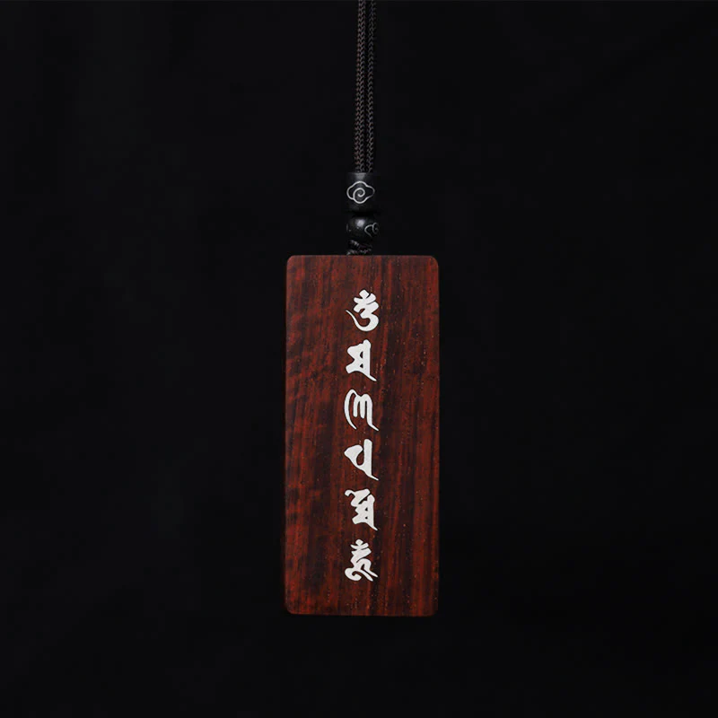 Renbeads 999 Sterling Silver Small Leaf Red Sandalwood Ebony Wood Om Mani Padme Hum Inlaid Protection Necklace Pendant