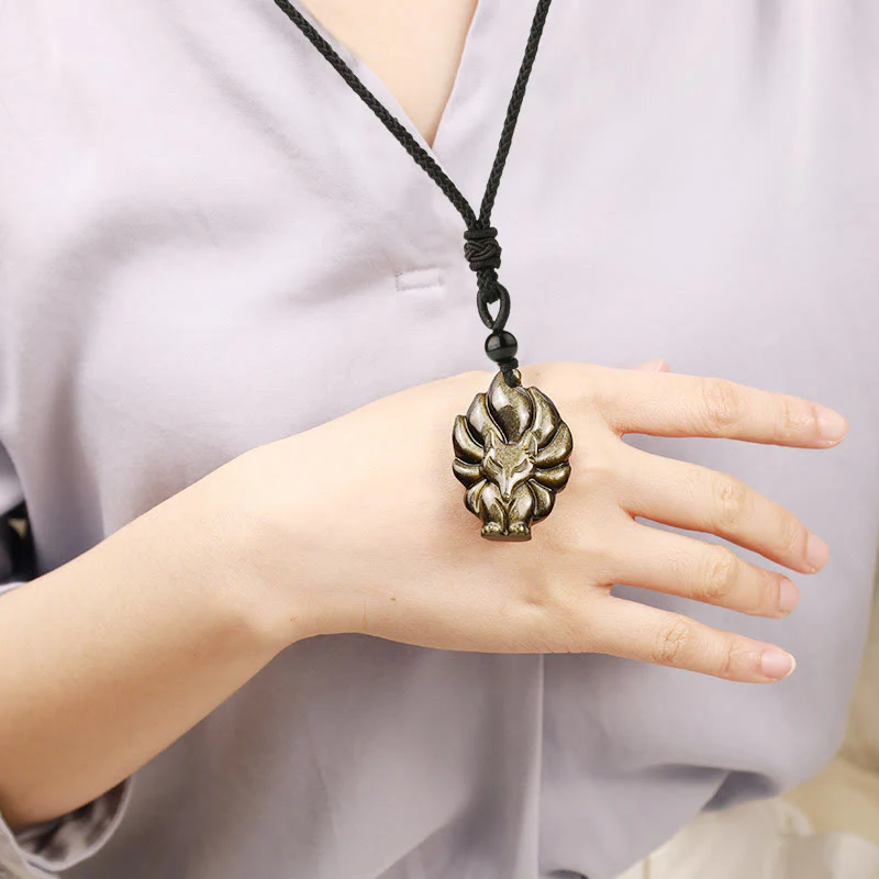 Natural Fluorite Gold Sheen Obsidian Fox Pendant Protection Necklace