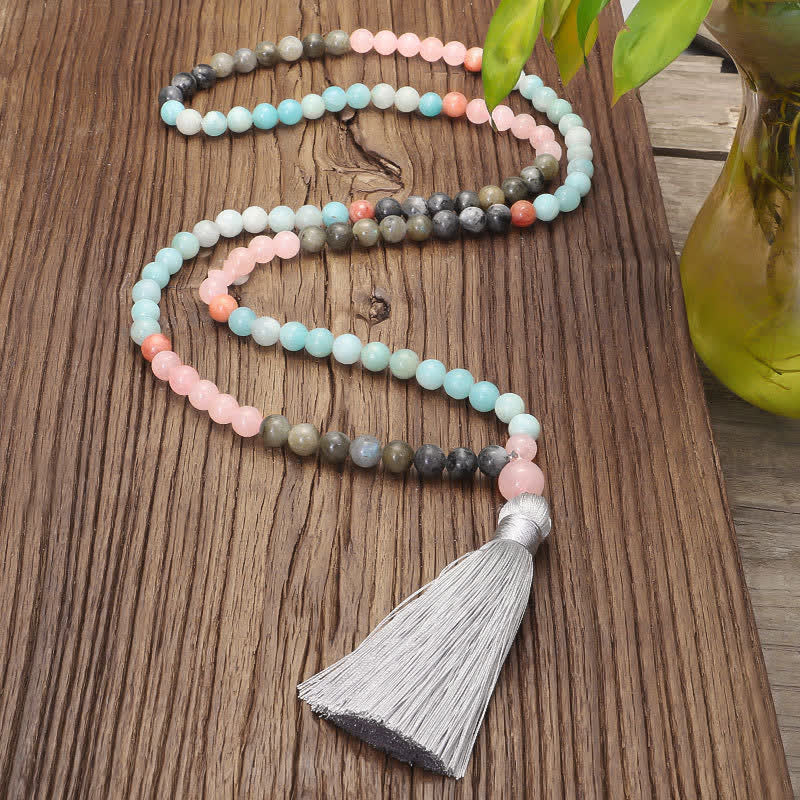 108 Beads Amazonite Black Glitter Stone Positive Tassel Bracelet