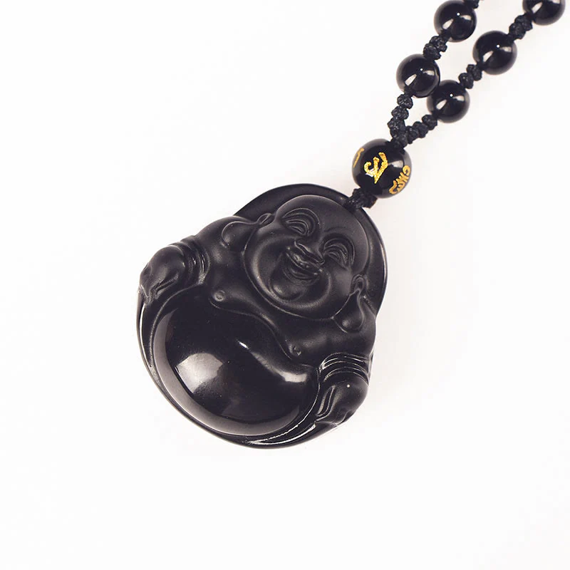 Natural Black Obsidian Ice Obsidian Laughing Buddha Purification Necklace Pendant