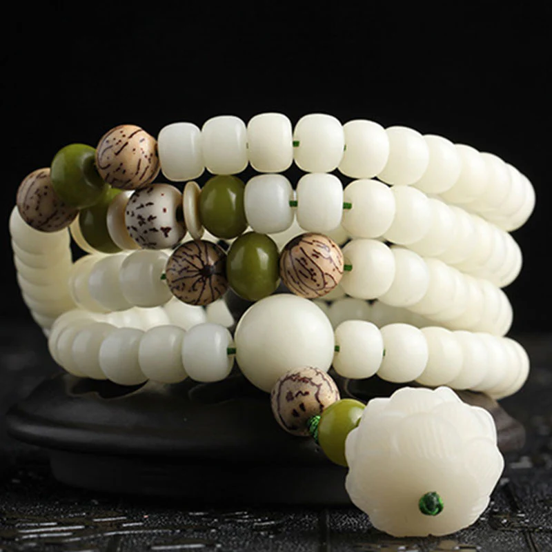 White Jade Bodhi Lotus Mala Harmony Jewelry