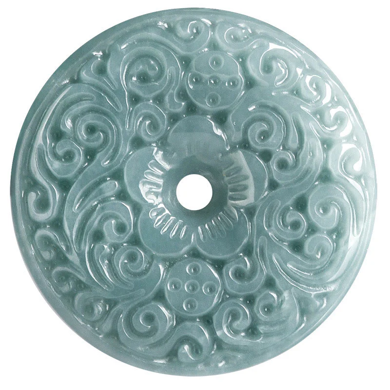 Green Jade Flower Carved Peace Buckle Abundance Necklace Pendant