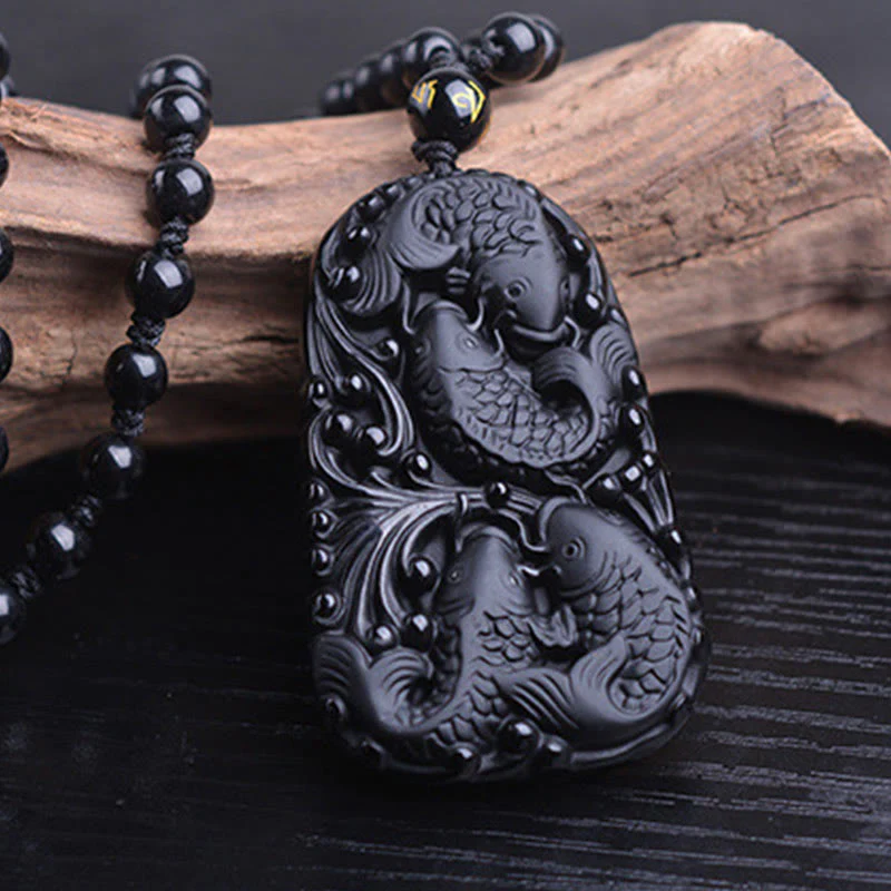 Black Obsidian Koi Fish Engraved Beaded Necklace Pendant