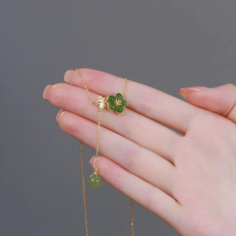 Renbeads 925 Sterling Silver Hetian Cyan Jade Plum Flower Blossom Design Luck Necklace Pendant