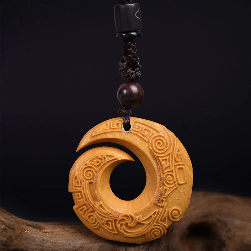 Ebony Wood Sandalwood Good Luck Design Pattern Peace Necklace Pendant