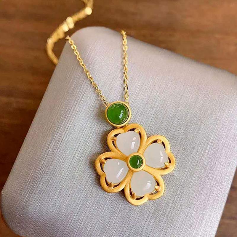 925 Sterling Silver Lucky Four Leaf Clover Jade Prosperity Necklace Pendant