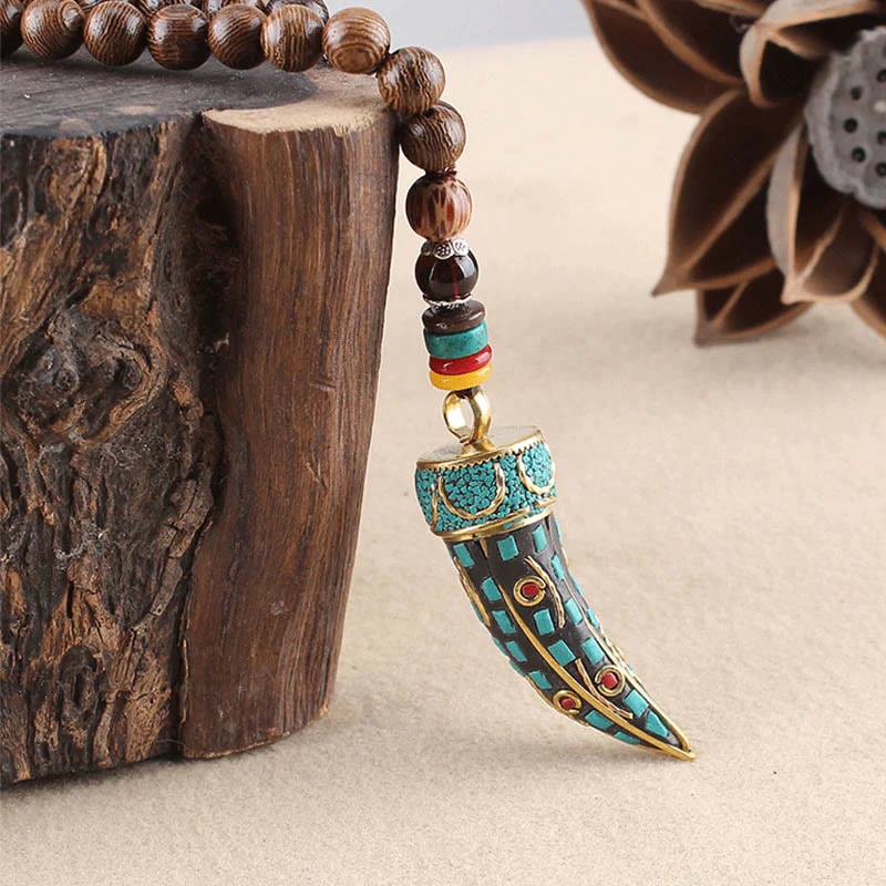 Tibetan Wenge Wood Om Mani Padme Hum Mantra Horn Pattern Protection Necklace Pendant