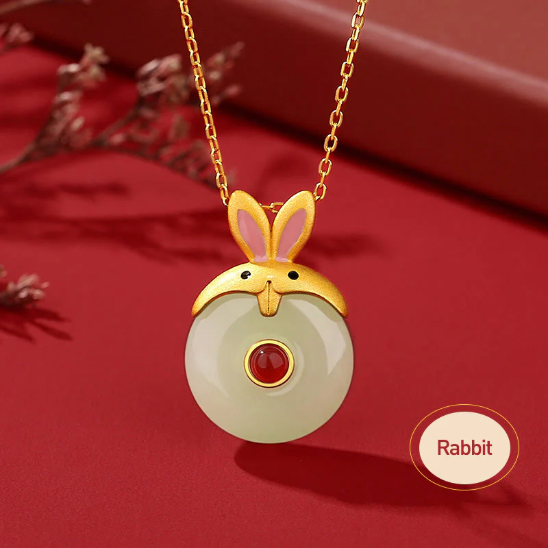 925 Sterling Silver Hetian Jade Chinese Zodiac Year of the Dragon Red Agate Luck Protection Necklace Pendant