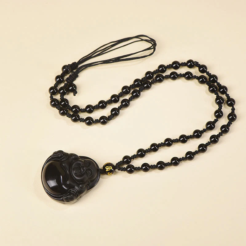 Natural Black Obsidian Ice Obsidian Laughing Buddha Purification Necklace Pendant