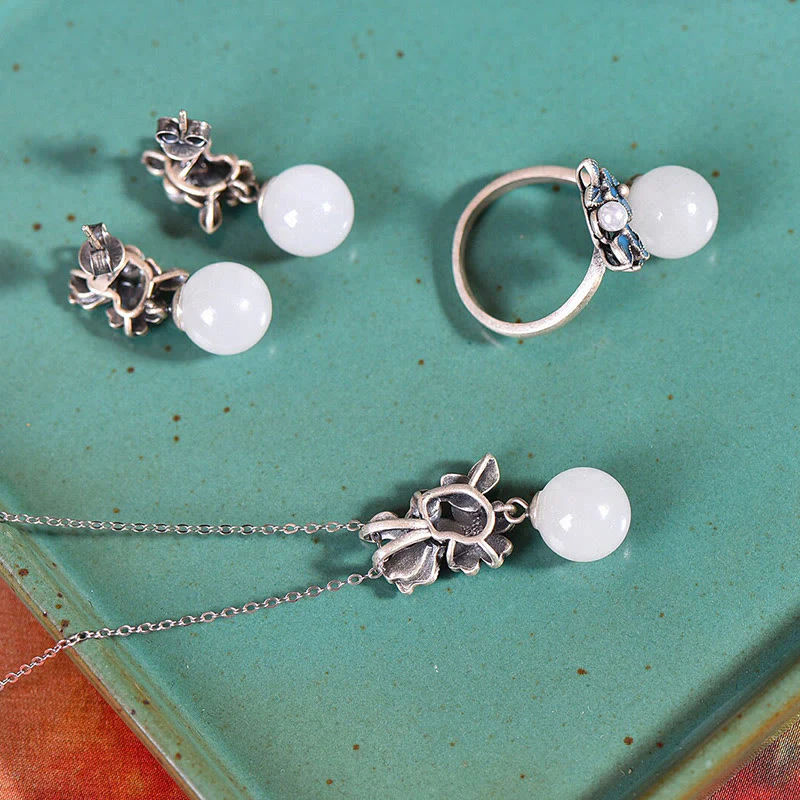 White Jade 925 Sterling Silver Pearl Flower Blessing Necklace Pendant Ring Earrings