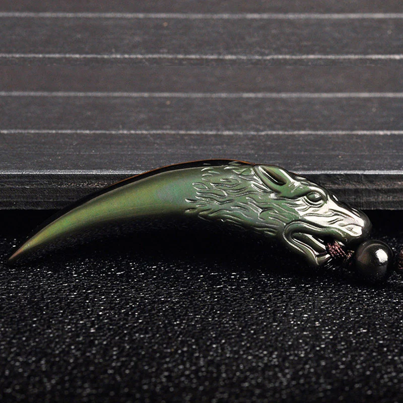 Natural Black Obsidian Ice Obsidian Rainbow Obsidian Wolf Tooth Pattern Necklace Pendant