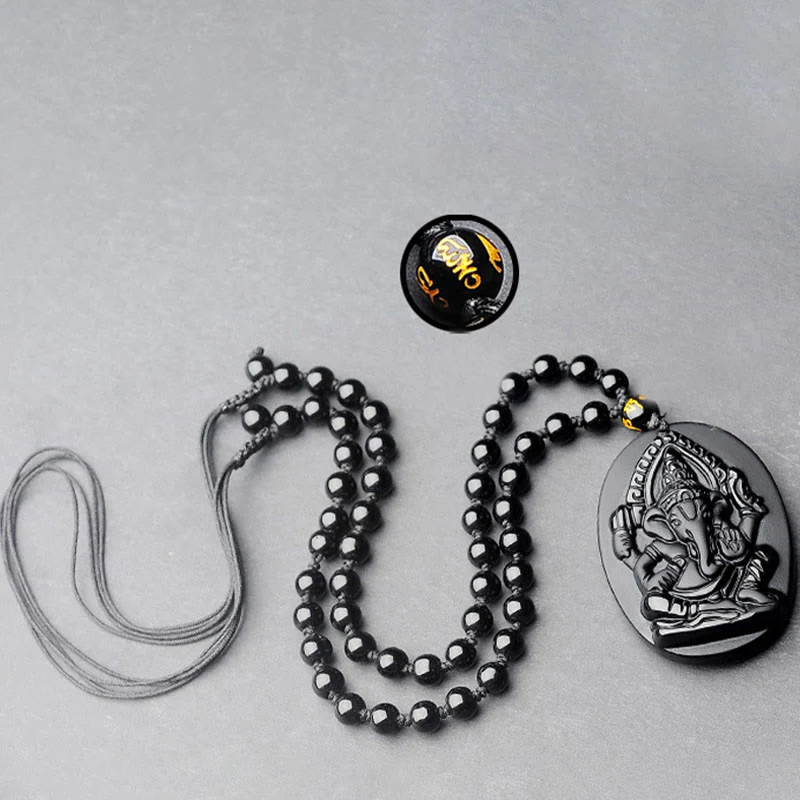 Tibetan Obsidian Elephant Wealth Amulet Necklace