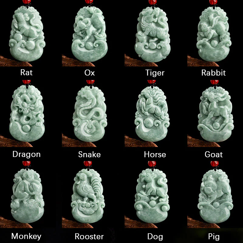 Natural Green Jade 12 Chinese Zodiac Luck Prosperity Necklace Pendant