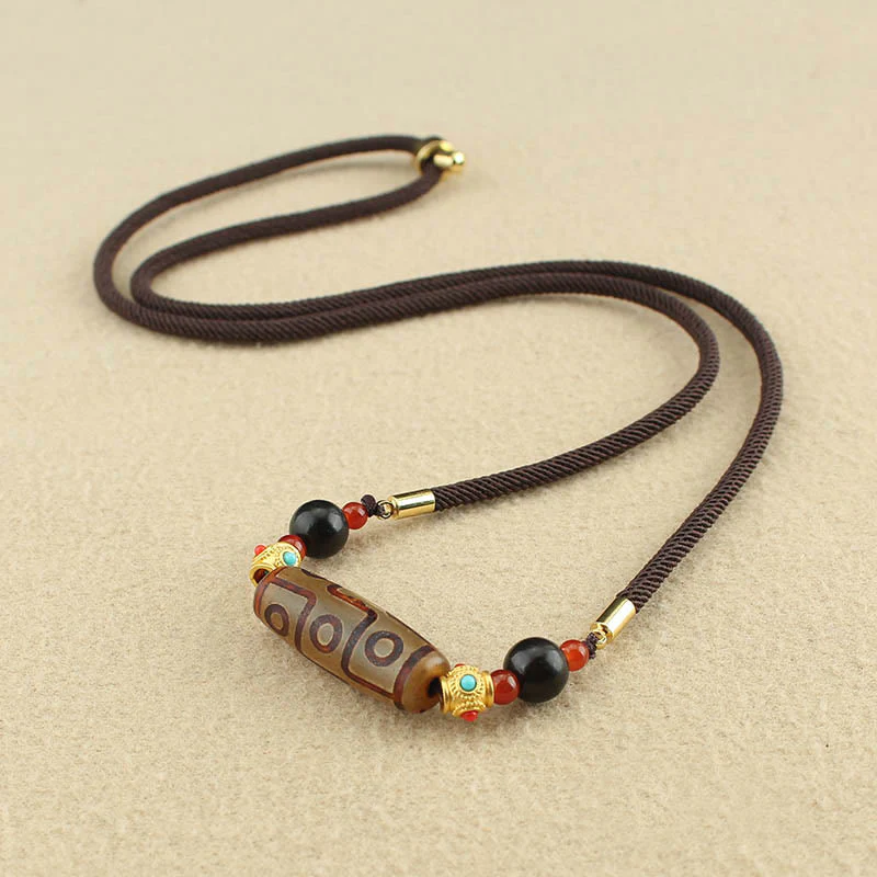 Tibetan Nine Eye Dzi Bead Protection Blessings String Necklace Pendant