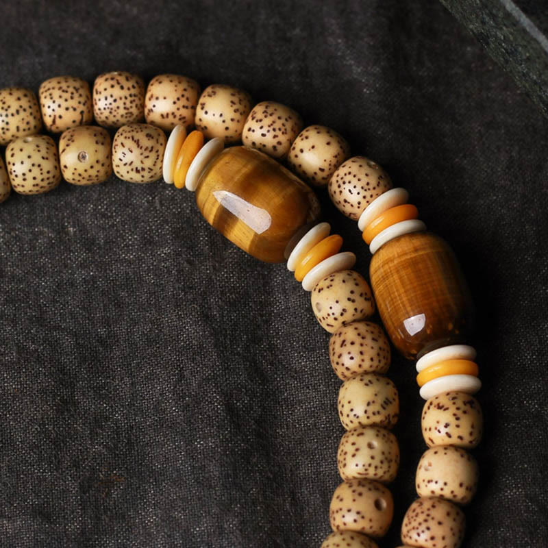 Renbeads 108 Mala Beads Bodhi Seed Tiger's Eye Fu Character Peace Bracelet