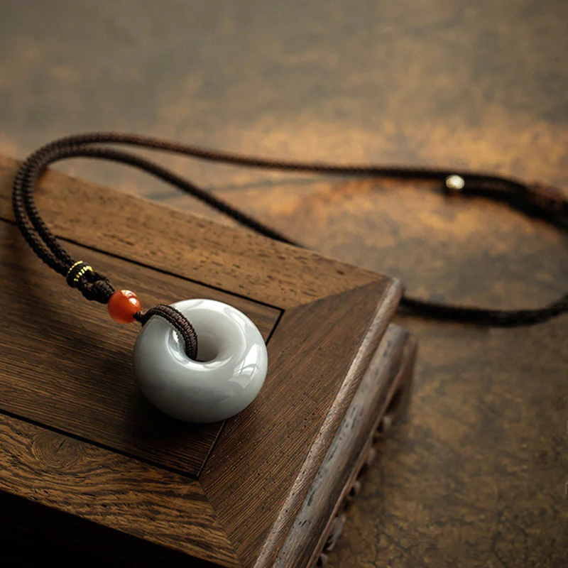 Natural Round Gray Jade Peace Buckle Luck Necklace Pendant