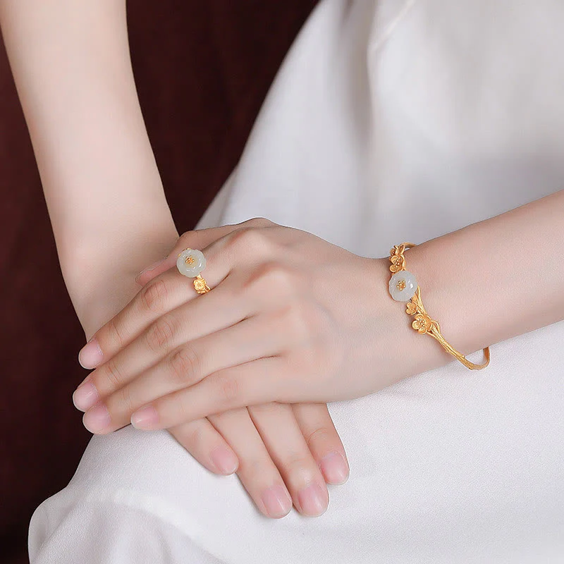 925 Sterling Silver Plated Gold Hetian Jade Plum Blossom Luck Jewelry Set