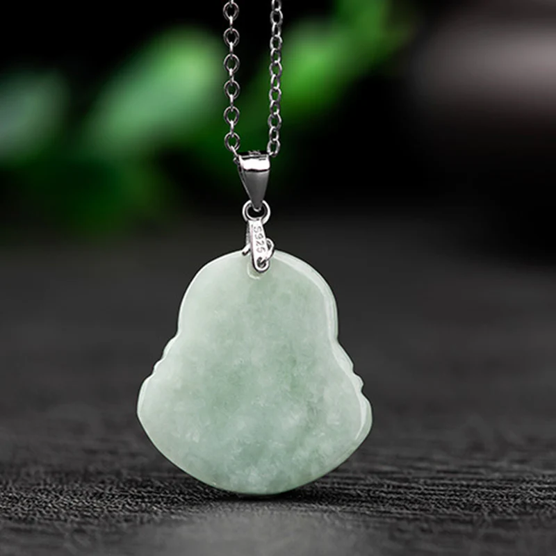 Renbeads 925 Sterling Silver Laughing Buddha Jade Blessing Necklace Chain Pendant