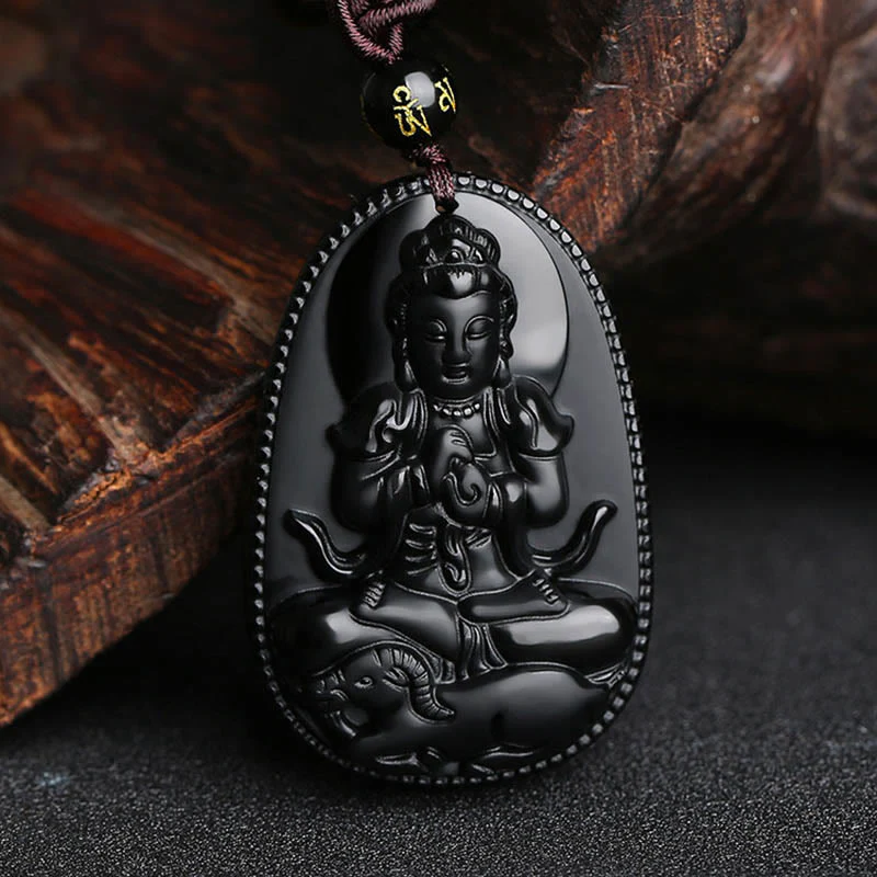 Chinese Zodiac Buddha Natural Black Obsidian Purification Necklace Pendant