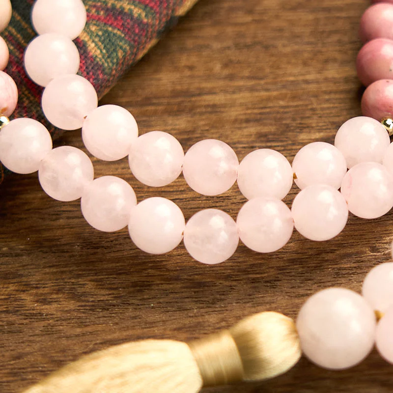 108 Mala Beads Rhodonite Rose Quartz Tassel Healing Bracelet