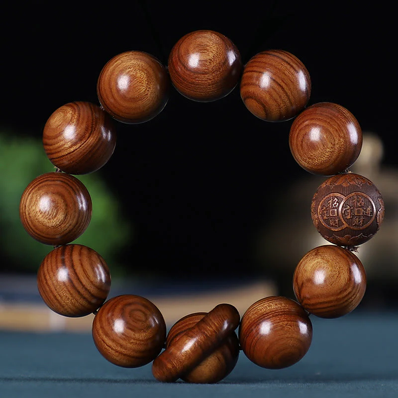 Renbeads Chinese Zodiac Rosewood Green Sandalwood Ebony Wood Copper Coin Carved Calm Bracelet