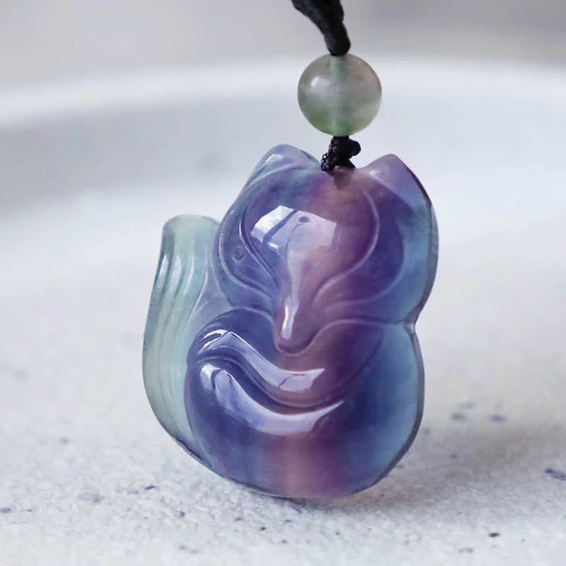Natural Fluorite Gold Sheen Obsidian Fox Pendant Protection Necklace