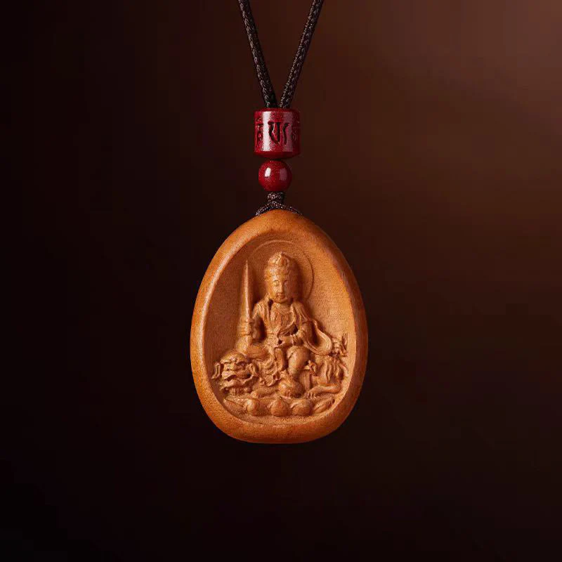 Peach Wood Cinnabar Om Mani Padme Hum Chinese Zodiac Black String Necklace Pendant