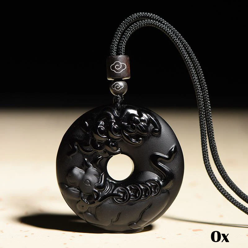 Chinese Zodiac Natural Black Obsidian Peace Buckle Strength Necklace Pendant