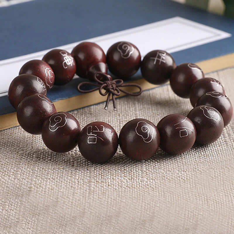 925 Sterling Silver Inlaid Small Leaf Red Sandalwood Om Mani Padme Hum Character Auspicious Clouds Protection Bracelet