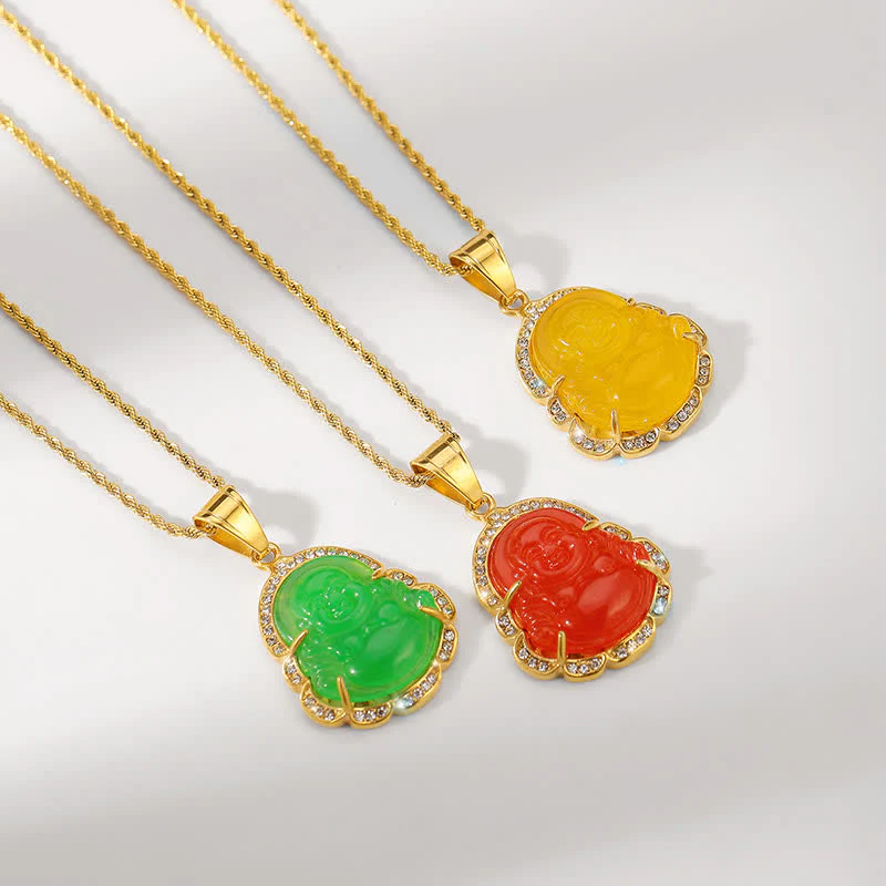 18K Gold Filled Laughing Buddha Jade Luck Necklace Pendant