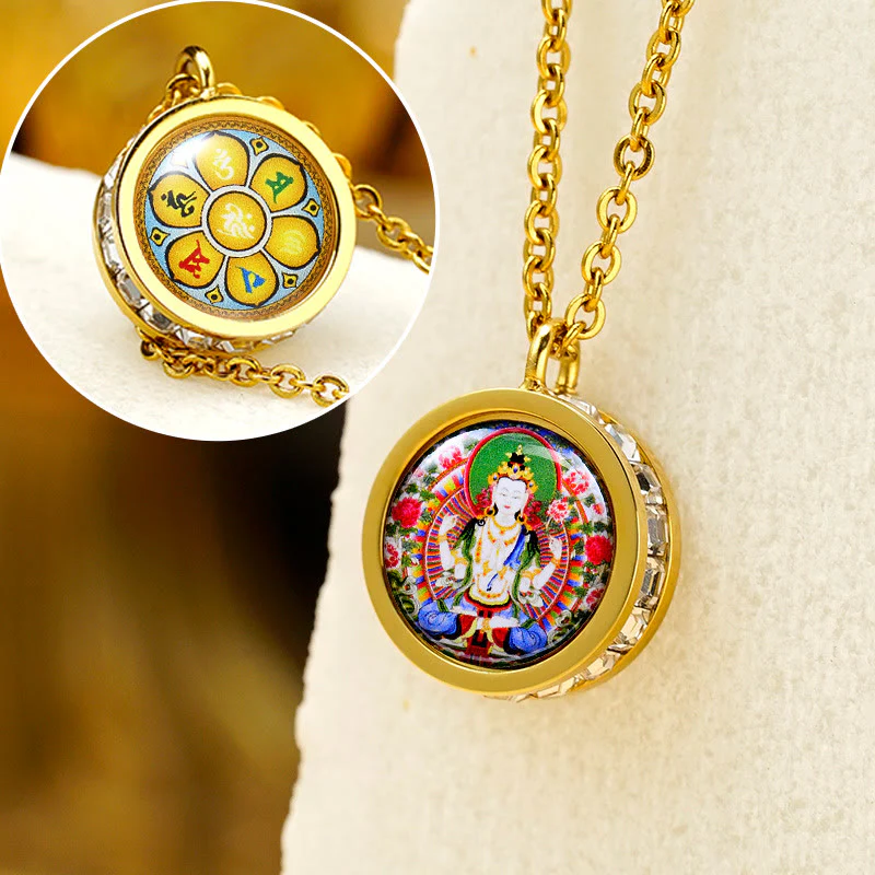 Tibetan Yellow God of Wealth Green Tara Buddha Serenity Titanium Steel Necklace Pendant