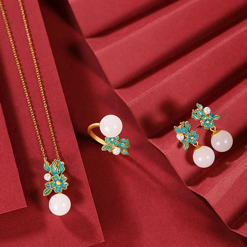 White Jade 925 Sterling Silver Pearl Flower Blessing Necklace Pendant Ring Earrings