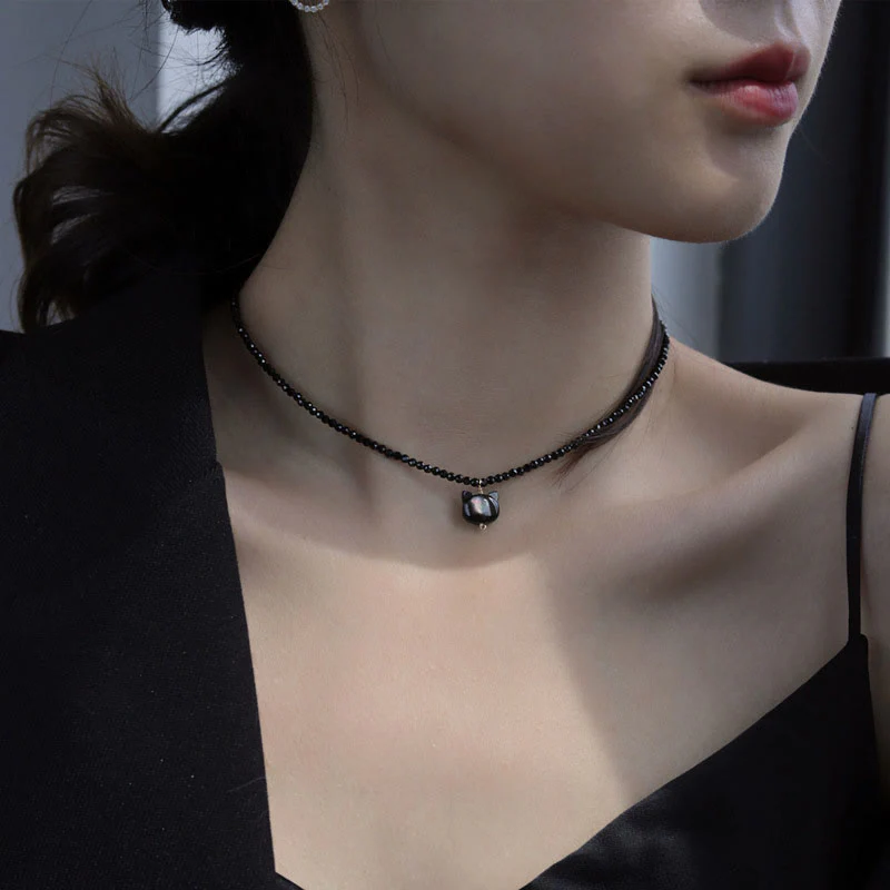 Black Spinel Cute Cat Choker Necklace