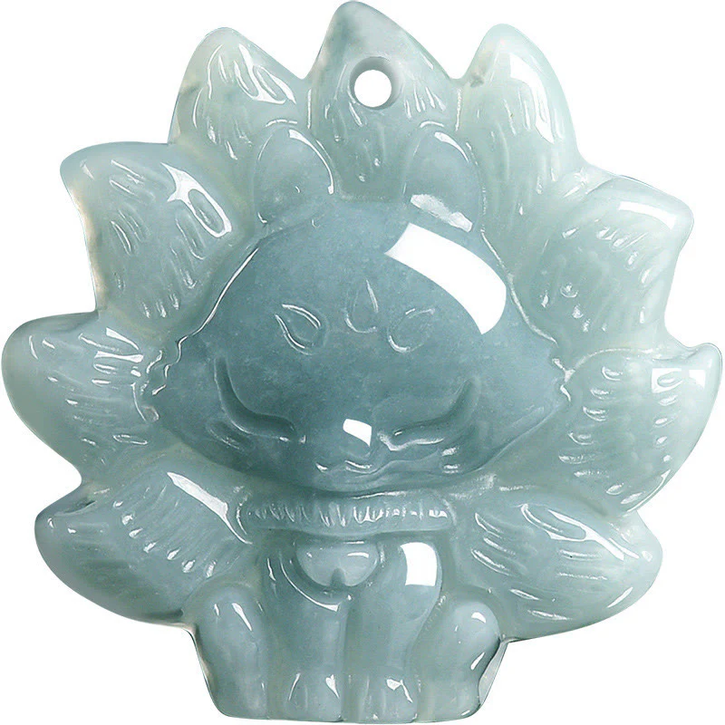 Natural Green Jade Nine Tailed Fox Abundance Necklace Pendant